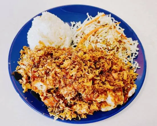 Tonkatsu pork cutlet with rice and salad at Diane's Kitchen in Saskatoon, SK